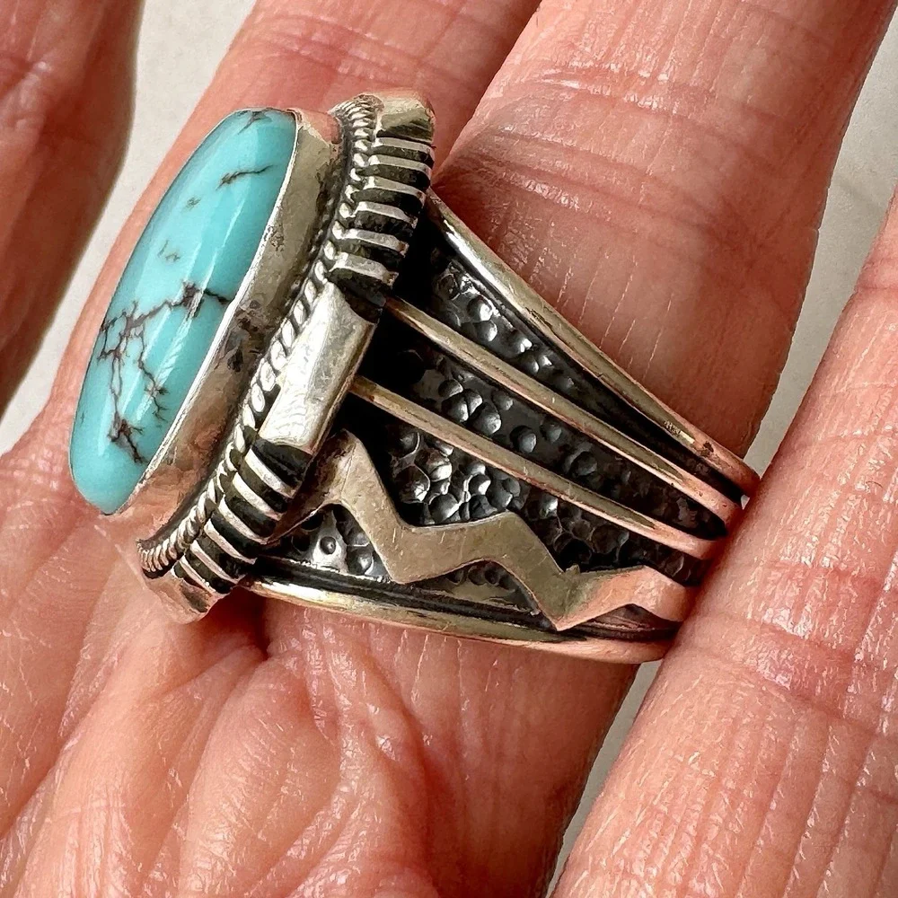 Big Navajo Mens Turquoise Ring Sz 10 Lightning Signed Denetdale Sterling Native